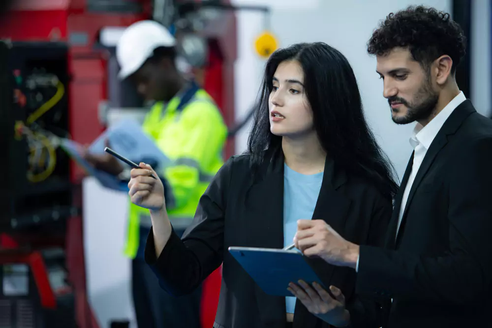 A man and a woman in formal attire discussing with a clipboard in hand, standing in an industrial setting, with a worker in a safety helmet and high-visibility vest inspecting equipment in the background.
