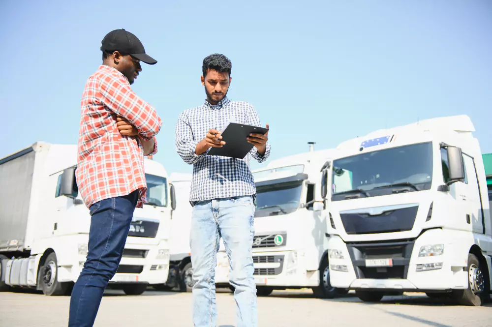 Two men standing in a freight yard, one wearing a red plaid shirt and black cap, the other holding a clipboard and wearing a checked shirt, with white freight trucks parked in the background under a clear blue sky.